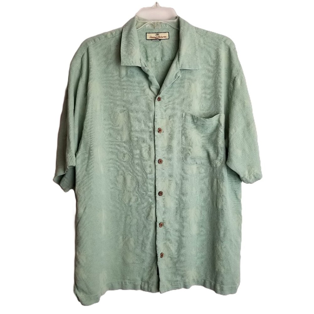 Tommy Bahama Silk Camp Shirt Sage Green Tropical Coastal Resort Size Large